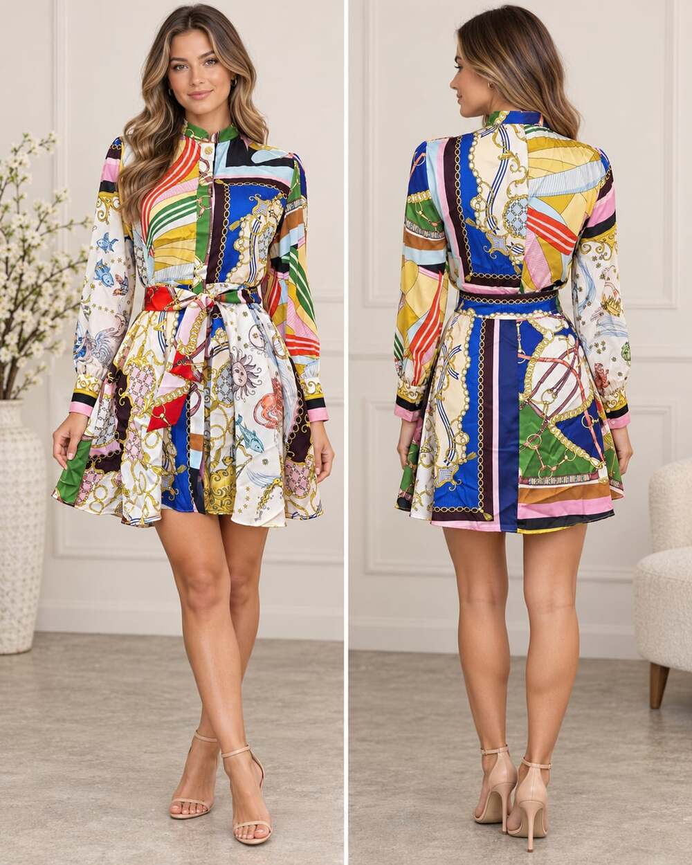Zara Printed Mini Dress Size S Multicolor Baroque Chain Print